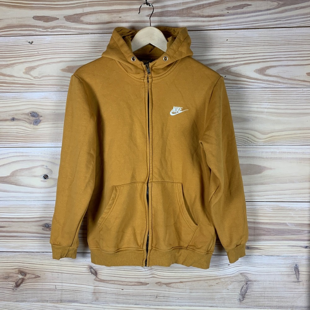 Nike Full Zip Hoodie Mens Small Mustard Yellow Fleece Futura Logo Sweatshirt